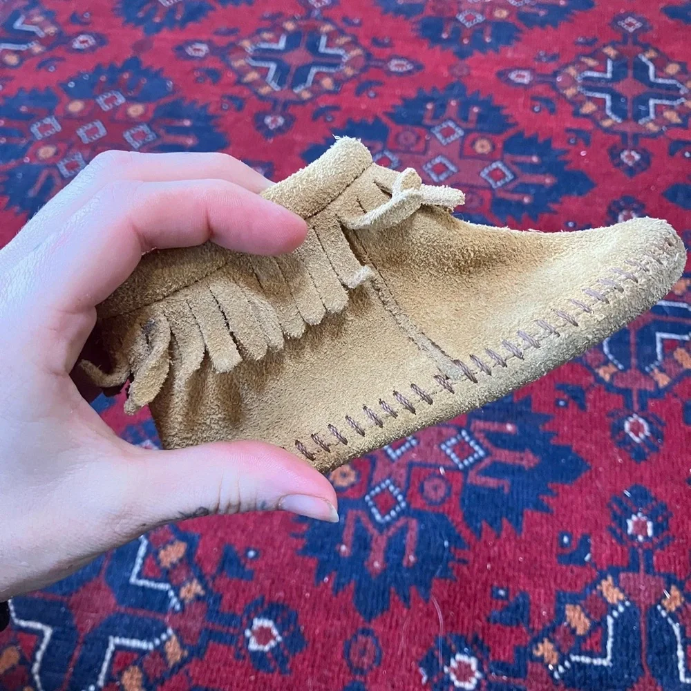 Kids Suede Fringe Moccasin Boots - Tan